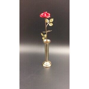 1977 MANN Red Rose Brass Bud Vase Metal Art Flower and Vase Vintage Metalwork